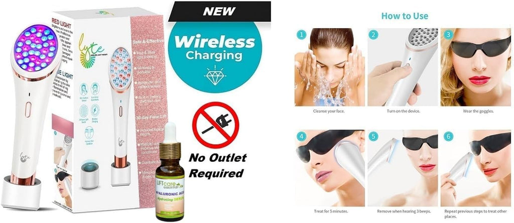 Lyte Wireless DUO Red & Blue LED Light Therapy for Face Includes Hyaluronic Serum Automatic Red and Blue LED Light Therapy Anti-Aging Wrinkle Reduction Device, White