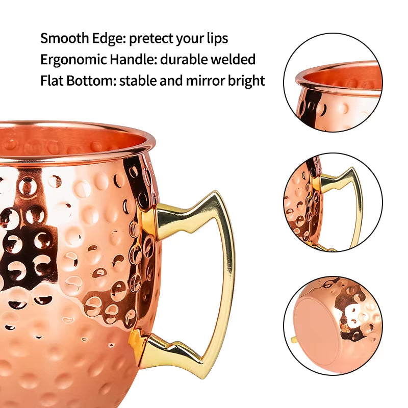 Elegant Moscow Mule Stainless Steel Mugs - Perfect Copper Plated Hammered Cups for Cocktails, Beer, and Wine at Your Next Party!