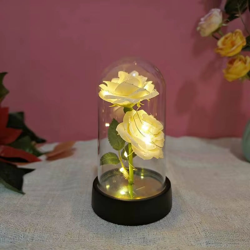 Artificial Flowers LED Red Rose Creative Valentine'S Day Gift Rose in Glass Cover with Stand Light up Rose Wedding Galaxy Rose