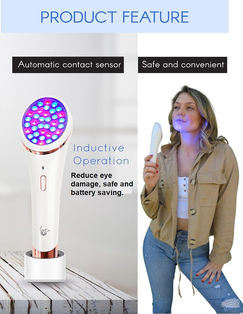 Lyte Wireless DUO Red & Blue LED Light Therapy for Face Includes Hyaluronic Serum Automatic Red and Blue LED Light Therapy Anti-Aging Wrinkle Reduction Device, White