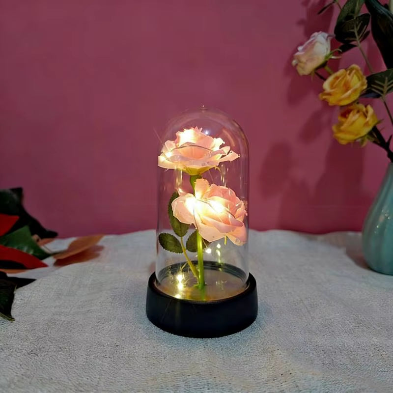 Artificial Flowers LED Red Rose Creative Valentine'S Day Gift Rose in Glass Cover with Stand Light up Rose Wedding Galaxy Rose