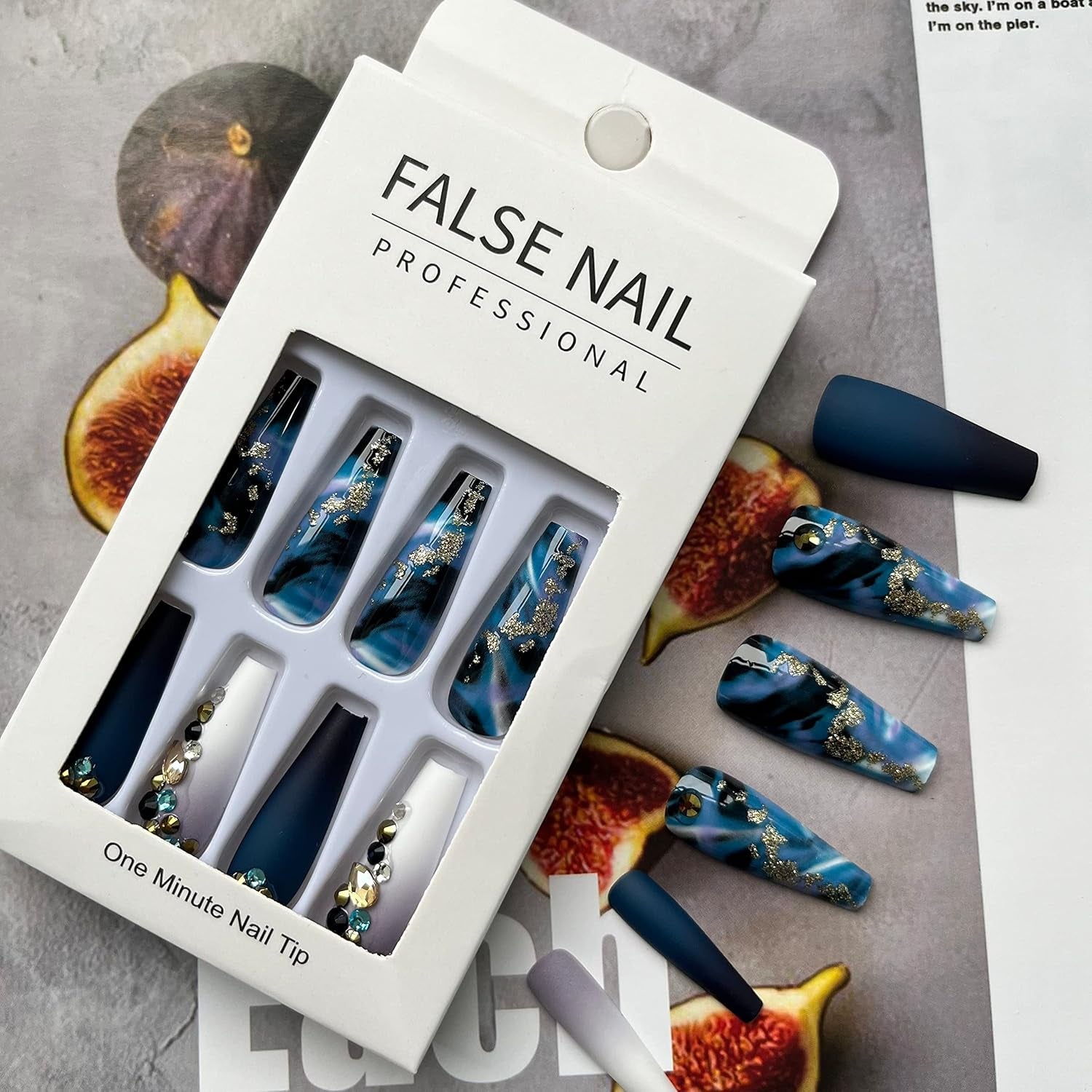 Long Press on Nails Navy Blue Coffin Fake Nails French Marble False Nails with Glitter Designs Rhinestones Glue on Nail Matte Stick on Artificial Nails for Women 24Pcs